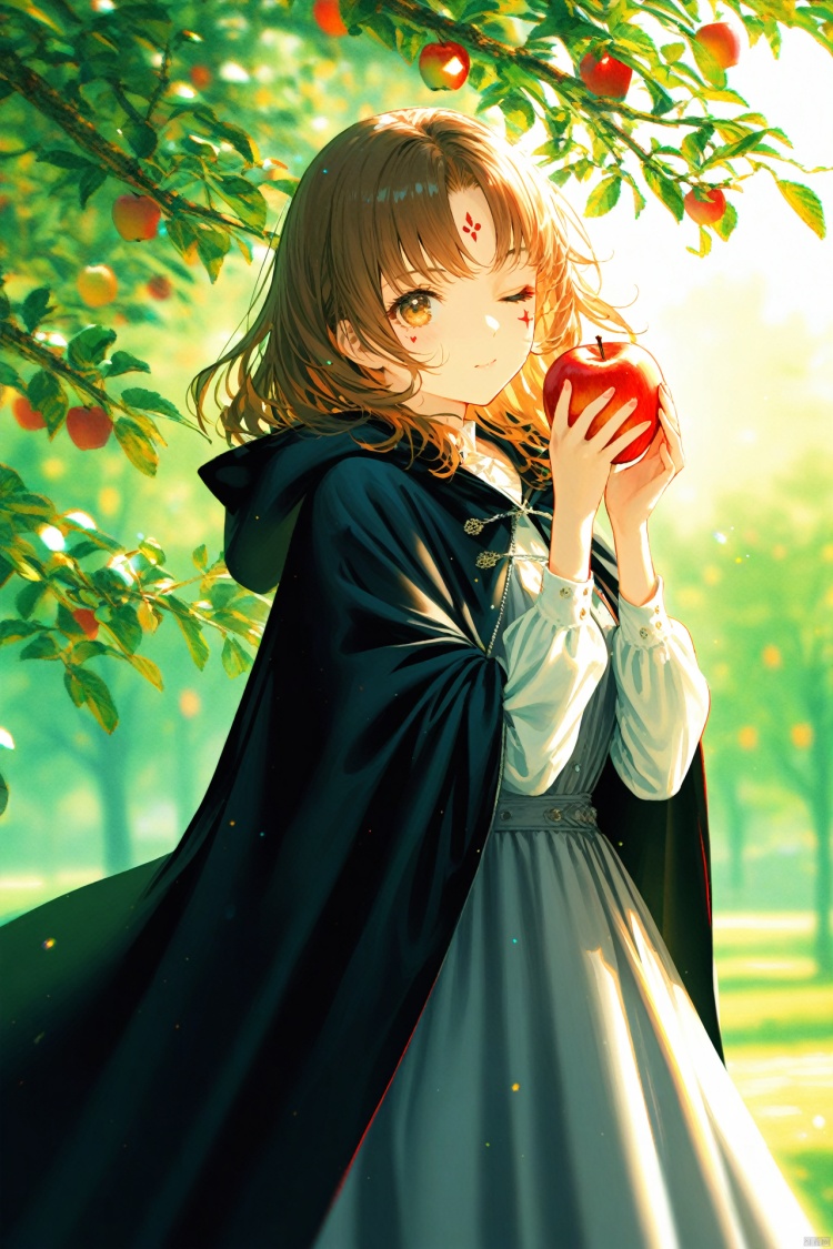 (masterpiece),(best quality),illustration,ultra detailed,hdr,Depth of field,(colorful),(chromatic aberration),1girl,brown hair,fruit,food,holding,one eye closed,cloak,apple,solo,hood,dress,looking at viewer,holding fruit,hooded cape,hooded cloak,hood down,holding food,cape,brown eyes,facial tattoo,branch,wavy hair,tree,medium hair,outdoors,one-eyed,black cloak,long hair,long sleeves,closed mouth,tattoo,grey dress,