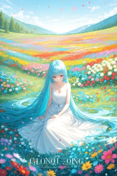 (masterpiece),(best quality),illustration,ultra detailed,hdr,Depth of field,(colorful),(chromatic aberration),(Movie Poster),(signature:1.3),(English text:1.3),1girl,girl middle of flower,pure skyblue hair,red eyes,clear sky,outside,collarbone,sitting,absurdly long hair,clear boundaries of the cloth,white dress,fantastic scenery,ground of flowers,thousand of flowers,colorful flowers,flowers around her,various flowers,