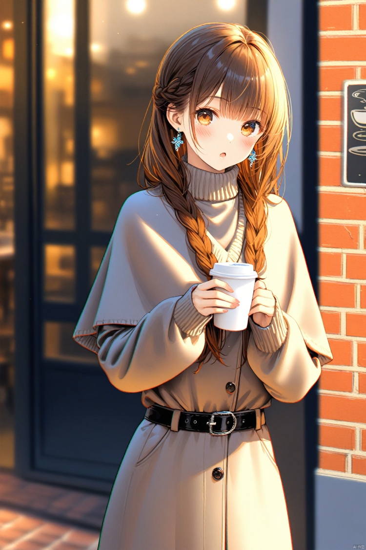 (masterpiece),(best quality),illustration,ultra detailed,hdr,Depth of field,(colorful),(chromatic aberration),1girl,solo,holding,long hair,looking at viewer,cup,bangs,long sleeves,holding cup,brown eyes,brown hair,disposable cup,belt,earrings,blush,jewelry,braid,brick wall,outdoors,capelet,open mouth,:o,sweater,coffee cup,parted lips,bow,turtleneck,standing,sleeves past wrists,hands up,belt buckle,shiny hair,