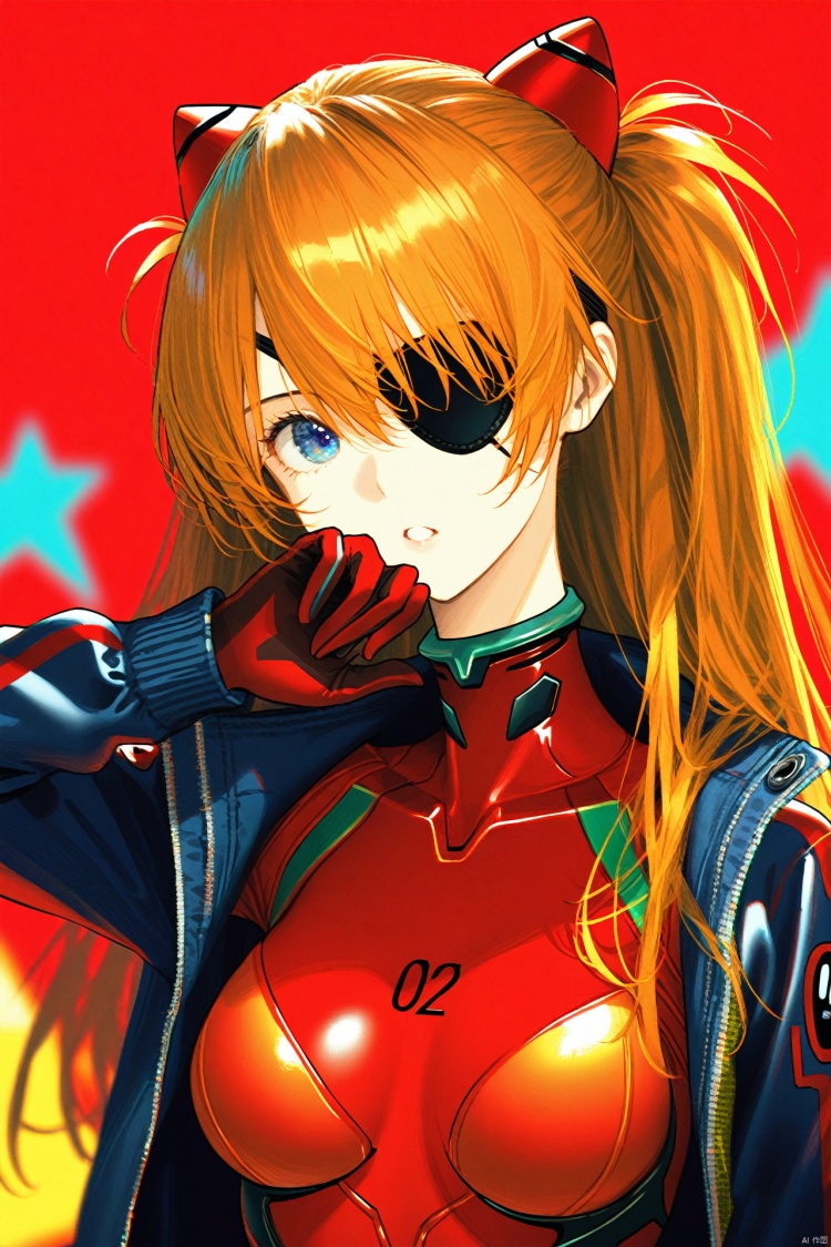 (masterpiece),(best quality),illustration,ultra detailed,hdr,Depth of field,(colorful),(chromatic aberration),1girl,solo,souryuu asuka langley,eyepatch,red background,blue eyes,plugsuit,long hair,jacket,looking at viewer,breasts,upper body,red bod