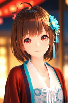 (masterpiece),(best quality),illustration,ultra detailed,hdr,Depth of field,(colorful),(chromatic aberration),artist mmd,1girl,solo,red eyes,looking at viewer,hair ornament,short hair,upper body,brown hair,blurry,ahoge,bangs,chinese clothes,see-through,depth of field,hanfu,smile,floral print,closed mouth,