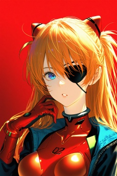 (masterpiece),(best quality),illustration,ultra detailed,hdr,Depth of field,(colorful),(chromatic aberration),1girl,solo,souryuu asuka langley,eyepatch,red background,blue eyes,plugsuit,long hair,jacket,looking at viewer,breasts,upper body,red bod