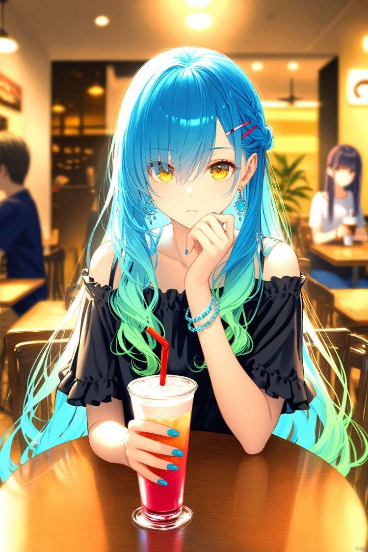 (masterpiece),(best quality),illustration,ultra detailed,hdr,Depth of field,(colorful),(chromatic aberration),hair ornament,cafe,shirt,sitting,long hair,blue nails,drinking straw,closed mouth,yellow eyes,off-shoulder shirt,solo focus,multiple girls,jewelry,holding,indoors,eyelashes,blue hair,collarbone,nail polish,cup,earrings,hairclip,casual,off shoulder,blurry,hair between eyes,straight-on,table,braid,blurry background,looking at viewer,bare shoulders,holding cup,eyes visible through hair,gradient hair,black shirt,frilled shirt,restaurant,frills,multicolored hair,3girls,yellow shirt,fingernails,bracelet,chair,very long hair,drinking glass,frown,1boy,short sleeves,drink,food,sidelocks,wavy hair,plant,