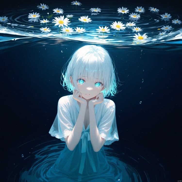  (masterpiece),(best quality),illustration,ultra detailed,hdr,Depth of field,(colorful),(chromatic aberration),(beautiful young female:1.4),(streaming tears),sad,(daisy),(daisy),(daisy),looking at viewer,partially submerged,both hands on own cheek,{see-through long shirt},{no bra},(white hair, short hair, bangs:1.2),(glowing eyes),ripples,dark water,black background,(prismatic)