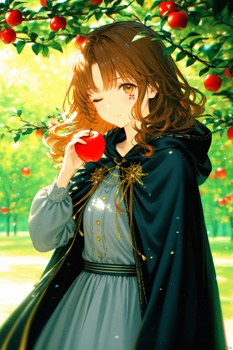 (masterpiece),(best quality),illustration,ultra detailed,hdr,Depth of field,(colorful),(chromatic aberration),1girl,brown hair,fruit,food,holding,one eye closed,cloak,apple,solo,hood,dress,looking at viewer,holding fruit,hooded cape,hooded cloak,hood down,holding food,cape,brown eyes,facial tattoo,branch,wavy hair,tree,medium hair,outdoors,one-eyed,black cloak,long hair,long sleeves,closed mouth,tattoo,grey dress,