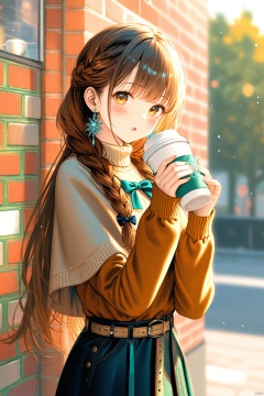 (masterpiece),(best quality),illustration,ultra detailed,hdr,Depth of field,(colorful),(chromatic aberration),1girl,solo,holding,long hair,looking at viewer,cup,bangs,long sleeves,holding cup,brown eyes,brown hair,disposable cup,belt,earrings,blush,jewelry,braid,brick wall,outdoors,capelet,open mouth,:o,sweater,coffee cup,parted lips,bow,turtleneck,standing,sleeves past wrists,hands up,belt buckle,shiny hair,