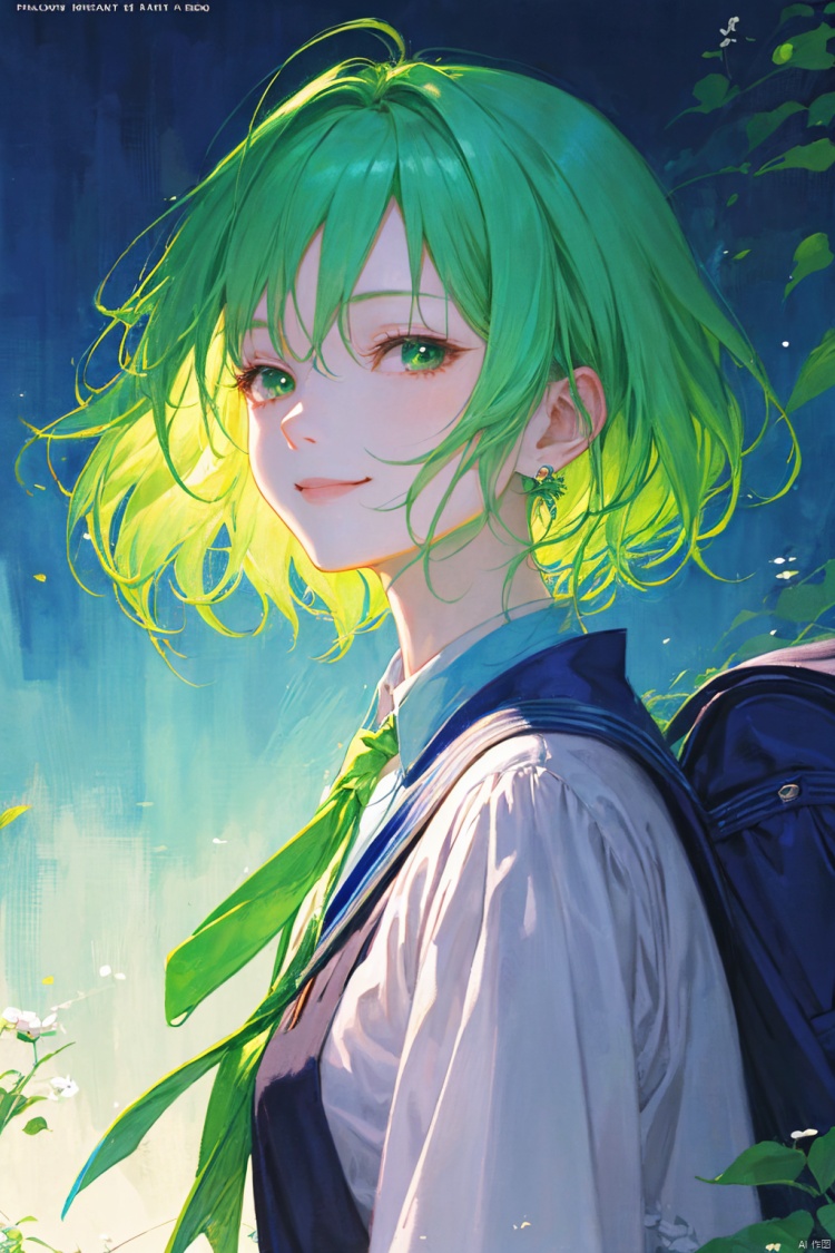 a woman in a green skirt, short hair, light green hair, earring, fluffy hair, black tie, smile, lovely fave, beautiful anime portrait, palace, carrying a schoolbag, digital anime illustration, beautiful anime style, a beautiful fantasy young girl, anime illustration, anime fantasy illustration, beautiful character painting, trending on artstration,（\personality\）