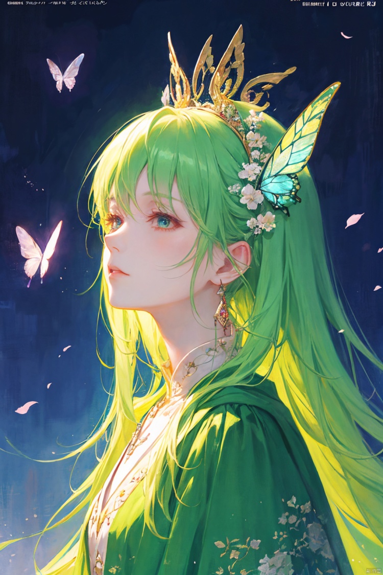 a woman in a green dress, long hair, light green hair, hair shawl, earring, fluffy hair, butterfly headdress, beautiful anime portrait, palace , digital anime illustration, beautiful anime style, a beautiful fantasy princess, anime illustration, anime fantasy illustration, beautiful character painting, trending on artstration,（\personality\）