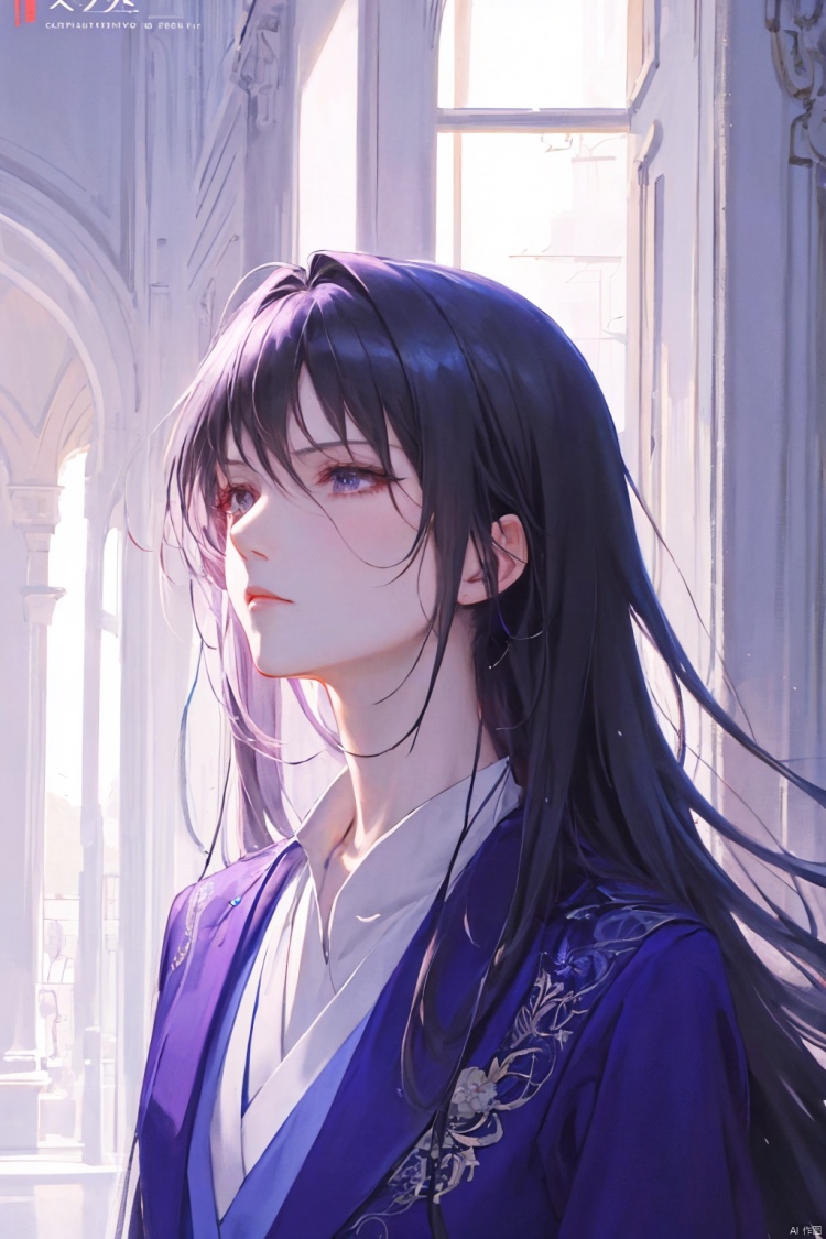 a woman in business attire, career women, business wear, purple suit, with neat hair, very long black hair, fluffy hair, serious expression, mature face, women who are elegant and a little bit indifferent, successful person, anime portrait, office, digital anime illustration, beautiful anime style, a beautiful fantasy female chairman, anime illustration, anime fantasy illustration, character painting, trending on artstration,（\personality\）