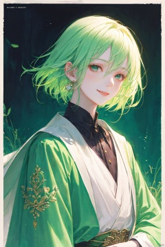 a woman in a green skirt, short hair, light green hair, earring, fluffy hair, black tie, smile, lovely fave, beautiful anime portrait, palace , digital anime illustration, beautiful anime style, a beautiful fantasy young girl, anime illustration, anime fantasy illustration, beautiful character painting, trending on artstration,（\personality\）