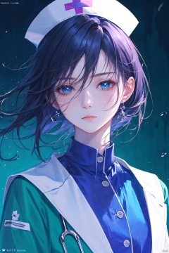  a woman in a nurse uniform, blue green nurse suit, short black hair, innocent expression, blue nurse hat, beautiful anime portrait, digital anime illustration, beautiful anime style, fantasy medical worker, anime illustration, anime fantasy illustration, beautiful character painting, trending on artstration,（\personality\）