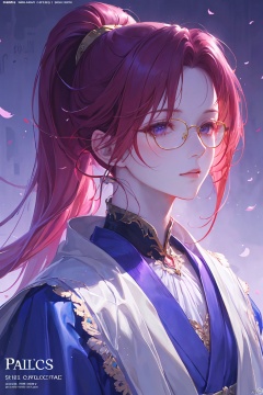  a woman in a purple dress, wearing gold-rimmed glasses, with a high ponytail, beautiful anime portrait, palace , digital anime illustration, beautiful anime style, a beautiful fantasy scientist, anime illustration, anime fantasy illustration, beautiful character painting, trending on artstration,（\personality\）