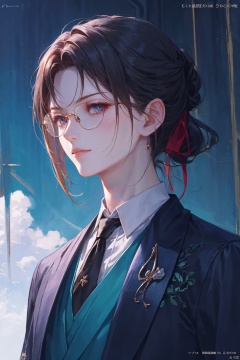 solo, a woman in business attire, career women, business wear, black tie, black blue suit, with neat hair, short black hair, with hair tied, square glasses, blue rimmed glasses, a confident smile, serious expression, mature face, women who are elegant and a little bit indifferent, successful person, anime portrait, palace, digital anime illustration, beautiful anime style, fantasy female chairman, anime illustration, anime fantasy illustration, character painting, trending on artstration,（\personality\）