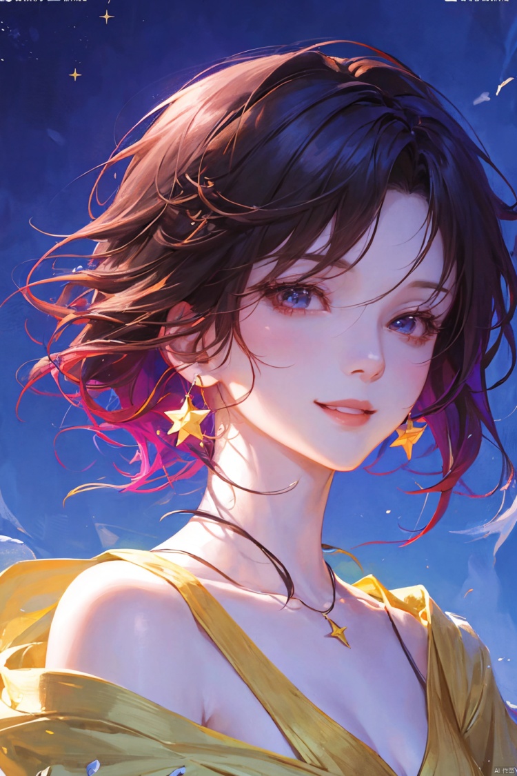 a woman in a yellow dress, off-shoulder dress, short black hair, hair shawl, earring, fluffy hair, star photo, brilliant smile, lips slightly open, beautiful anime portrait, fashion stage, digital anime illustration, beautiful anime style, a beautiful fantasy star, anime illustration, anime fantasy illustration, beautiful character painting, trending on artstration,（\personality\）