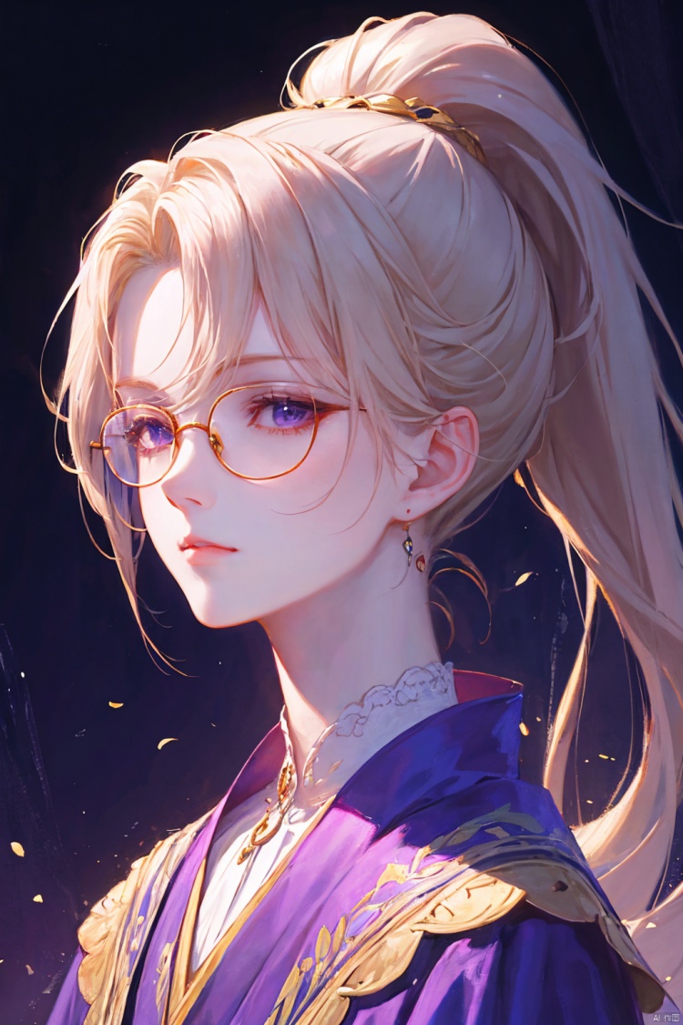 a woman in a purple dress, wearing gold-rimmed glasses, with a high ponytail, beautiful anime portrait, palace , digital anime illustration, beautiful anime style, a beautiful fantasy scientist, anime illustration, anime fantasy illustration, beautiful character painting, trending on artstration,（\personality\）