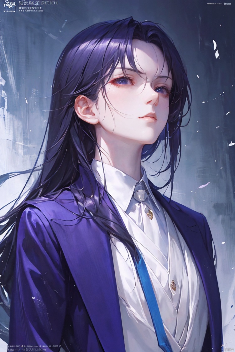 a woman in business attire, career women, business wear, purple suit, with neat hair, very long black hair, fluffy hair, serious expression, mature face, women who are elegant and a little bit indifferent, successful person, anime portrait, office, digital anime illustration, beautiful anime style, a beautiful fantasy female chairman, anime illustration, anime fantasy illustration, character painting, trending on artstration,（\personality\）
