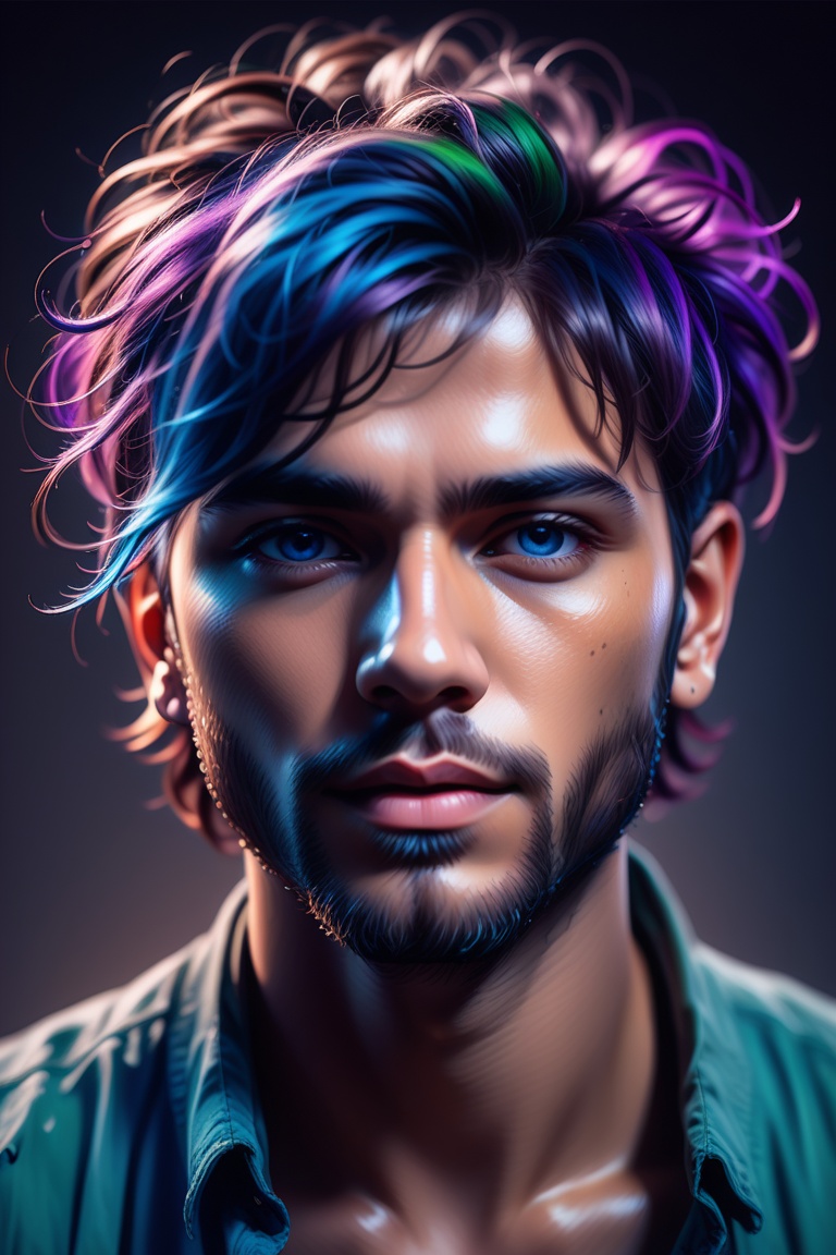 Colorful beautiful man,  a man 30-years old,  multiple color messy hair on Tensor.Art