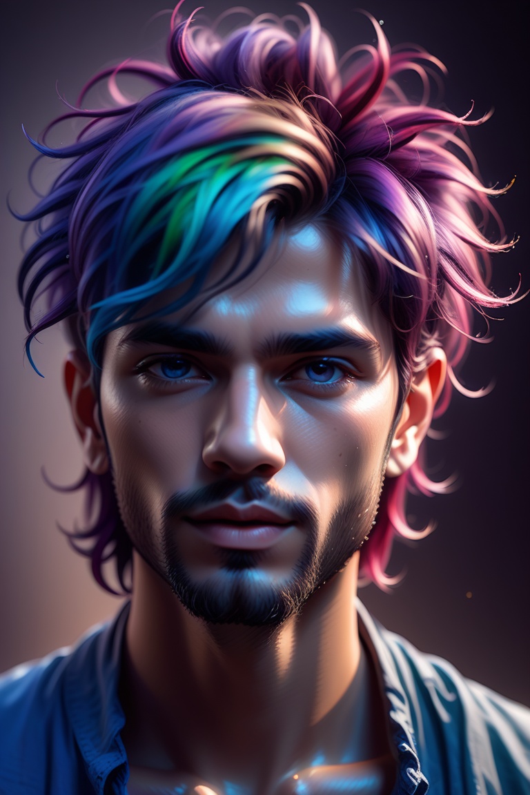 Colorful beautiful man,  a man 30-years old,  multiple color messy hair on Tensor.Art
