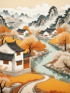 chinese paintings of an autumn landscape with a trail of grass, in the style of graphic novel inspired illustrations, beige and amber, folkloric realism, villagecore, detailed realism, ricoh ff-9d, energy-filled illustrations