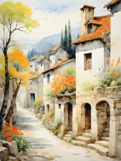  New meticulous brushwork, nostalgic printing, Rolchun, rock-color panel painting, fashionable watercolor, oil painting, quiet town, with a long alley, creepers on the wall and wildflowers on the roadside, pedestrians riding bicycles, idyllic scenery. Exquisite painting style