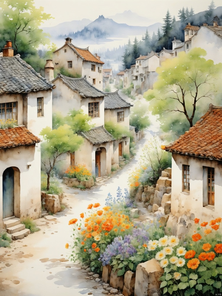  New meticulous brushwork, nostalgic printing, Rolchun, rock-color panel painting, fashionable watercolor, oil painting, quiet town, with a long alley, creepers on the wall and wildflowers on the roadside, pedestrians riding bicycles, idyllic scenery. Exquisite painting style