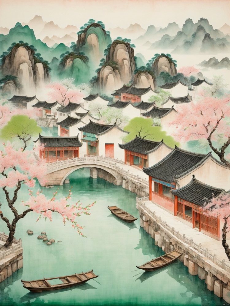 A Chinese landscape painting with pink peach blossoms and trees, many traditional Chinese buildings, green mountains and clear waters, both sides of which are green, pink and green,monotype