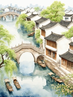  Watercolor illustration, ultra high-definition super details of high-quality masterpieces, Jiangnan water town, Bridges, water, people, the weeping willows by the river gently sway, as if telling an ancient story, the streets of the ancient town are narrow and torturous, the green SLATE pavement is wet luster, the ancient buildings on both sides are scattered, the white walls and black tiles show the charm of Jiangnan, and the simple stone Bridges across the river. The streets that connect the two banks. Under the bridge, the river flowed slowly, and occasionally a few small boats crossed gently, rippling in circles. The boatmen are humming and paddling leisurely, the children are chasing and playing in the alleys, and the old people are sitting in the sun in front of their doors