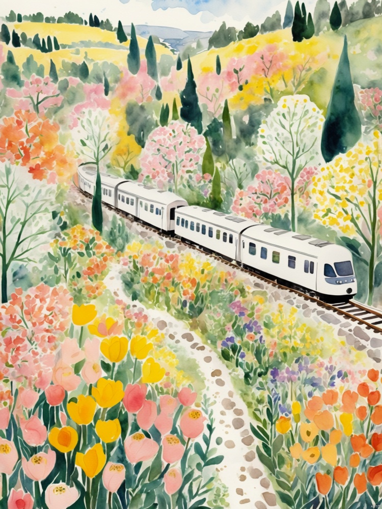  pring day, watercolour digital illustration painting, A white train ran through the flowers.,many many many many colourful flowers,Crystal pink and yellow colors,Henry Matisse’s lithograph, storybook illustration, cinematic shot ,Aerial view ,ultrafine detail, 16k, HD