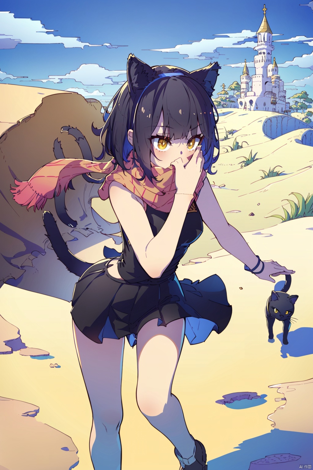  (best quality),(masterpiece),1girl, solo,black_hair,short_hair,yellow eyes,cat_ears,red_eyelash,scarf,silk, .cat_tail,dancer,midday,fantasy,arab,sand,dune,

