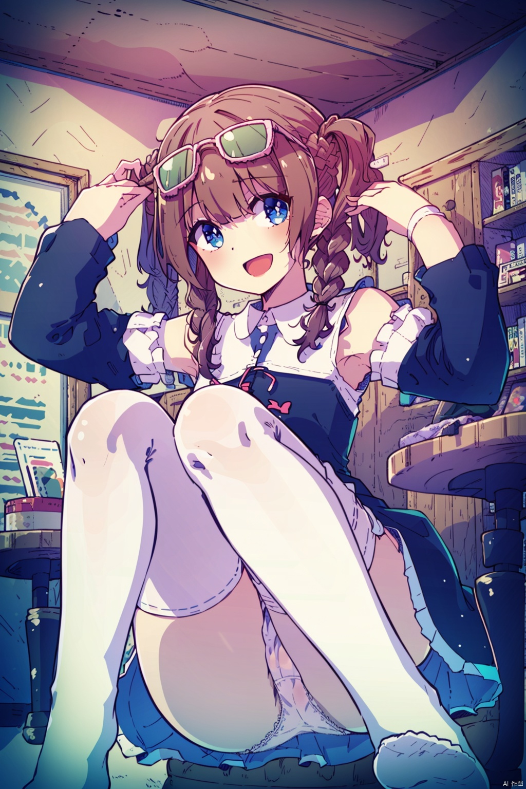  (best quality),(masterpiece),1girl, thighhighs, solo, braid, brown hair, blue eyes, sitting, long hair, looking at viewer, smile, detached sleeves, open mouth, white thighhighs, no shoes, indoors, :d, hair ornament, twin braids, bangs, dress, underwear, panties, eyewear on head, white panties, twintails, white sleeves, long sleeves