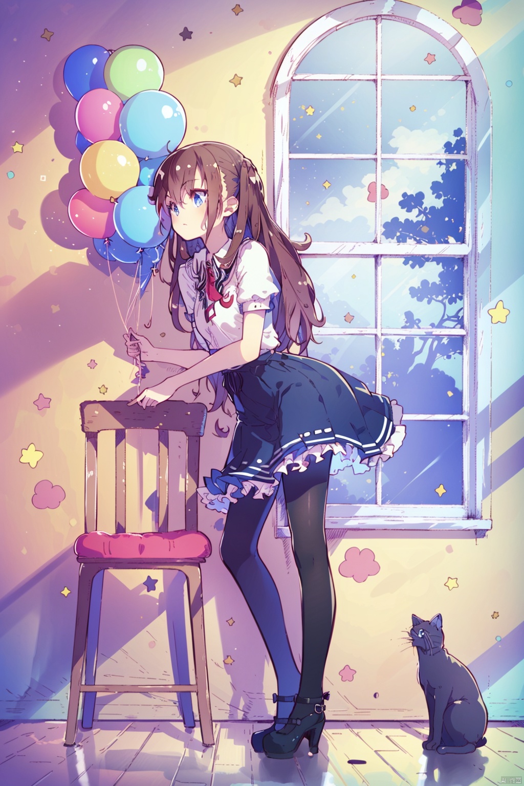  (best quality),(masterpiece),1girl, cat, balloon, solo, pantyhose, window, brown hair, long hair, blue eyes, book, skirt