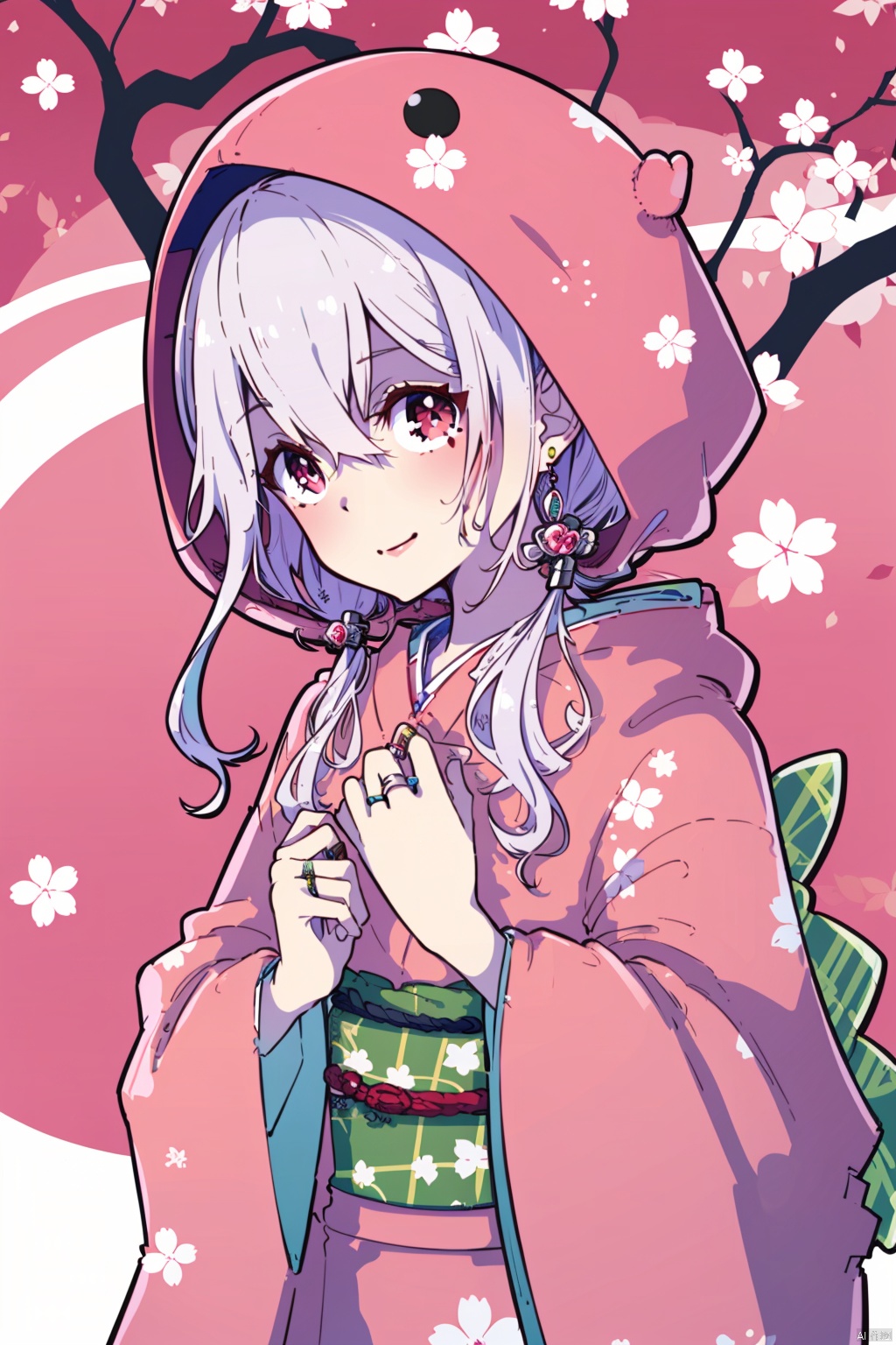  (best quality),(masterpiece),1girl, solo, kimono, japanese clothes, uchikake, white kimono, smile, wataboushi, long hair, butterfly, bug, hood, bangs, ring, twintails, closed mouth, hair between eyes, looking at viewer, jewelry, low twintails, red eyes, upper body, long sleeves, mole under eye, hand up, hood up, white hair, branch, wedding ring, cherry blossoms, wide sleeves, flower, mole