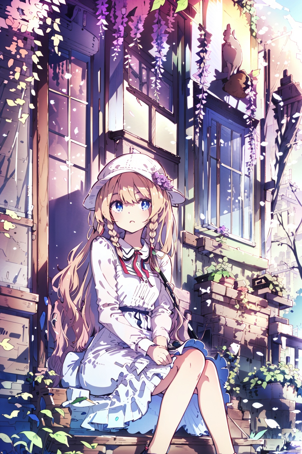  (best quality),(masterpiece),1girl, solo, long hair, blue eyes, wisteria, flower, cat, umbrella, dress, braid, sitting, bird, twin braids, very long hair, hat, looking at viewer, scenery, holding