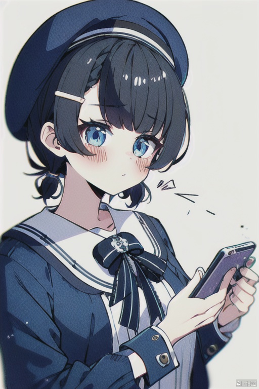 1girl, solo, blush, short hair, bangs, blue eyes, simple background, shirt, black hair, hair ornament, long sleeves, hat, white background, bow, holding, closed mouth, jacket, upper body, braid, hairclip, striped, virtual youtuber, bowtie, sailor collar, official alternate costume, black bow, buttons, swept bangs, beret, phone, blue jacket, grey shirt, vertical stripes, french braid, cropped jacket, striped shirt, black bowtie, sailor hat, sleeve cuffs, official alternate hairstyle, grey headwear, vertical-striped shirt, oozora subaru