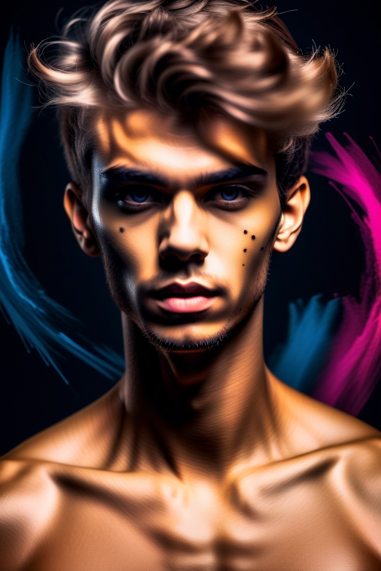 A captivating,  abstract portrait of a gorgeous 22yo man,  where vivid colors and dynamic brushstrokes convey a sense of w...