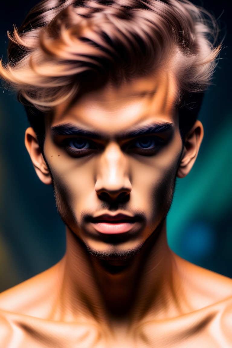 A captivating,  abstract portrait of a gorgeous 22yo man,  where vivid colors and dynamic brushstrokes convey a sense of w...