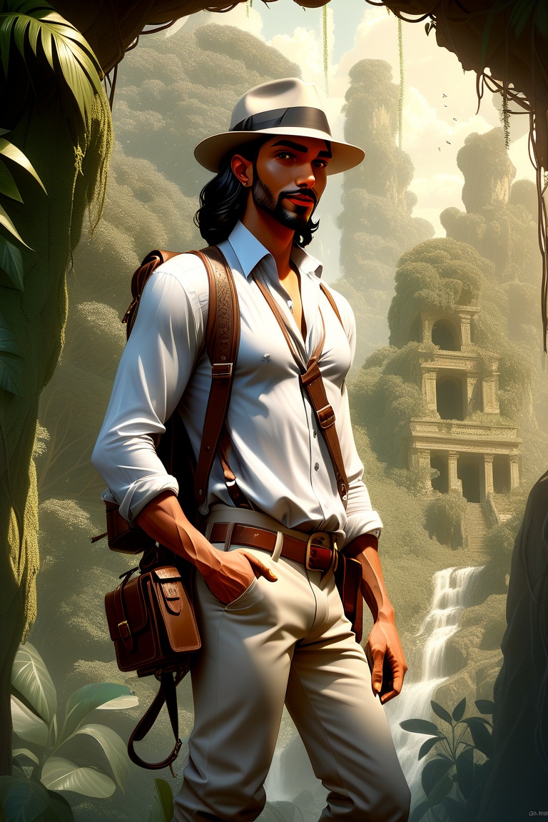 ethereal fantasy concept art of In the heart of a dense tropical wilderness,  a daring treasure hunter navigates crumbling...