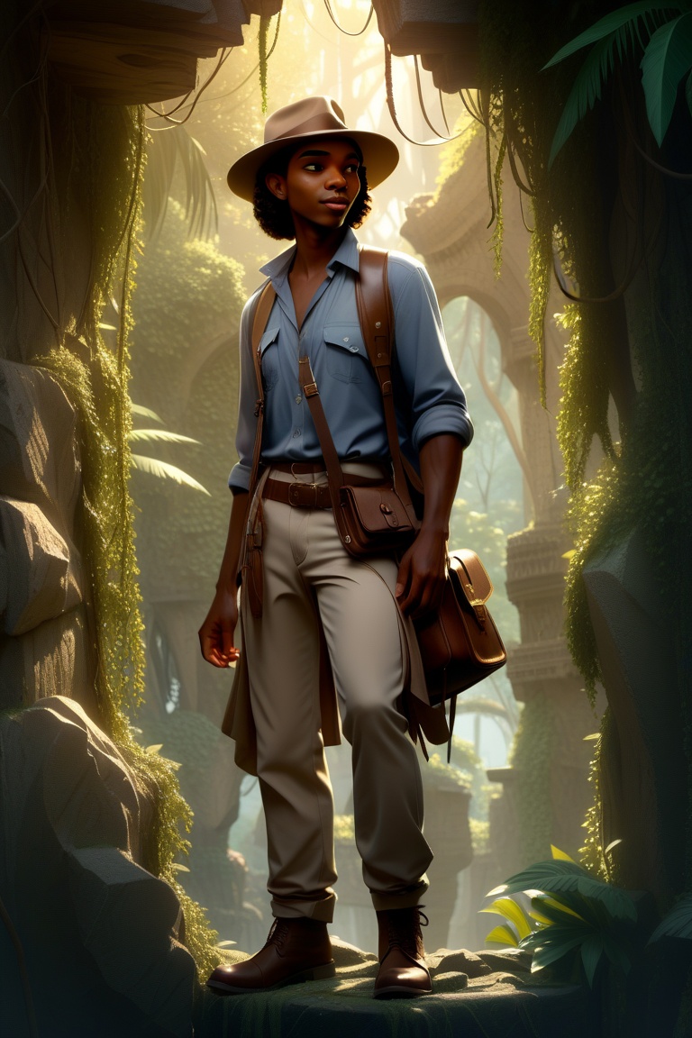 ethereal fantasy concept art of In the heart of a dense tropical wilderness,  a daring treasure hunter navigates crumbling...