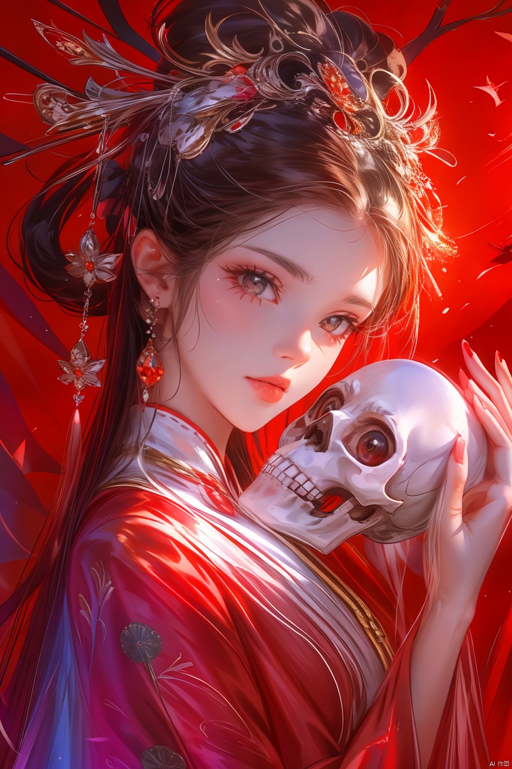 1girl, solo, long hair, looking at viewer, brown hair, black hair, hair ornament, red eyes, long sleeves, holding, jewelry, closed mouth, upper body, earrings, hand up, from side, looking to the side, makeup, mask, chinese clothes, red background, skull, red lips, hair stick, red theme, holding mask, holding skull