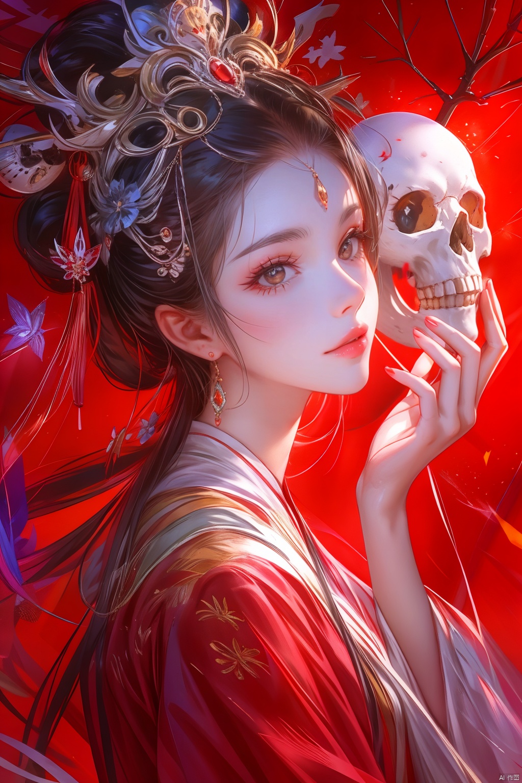 1girl, solo, long hair, looking at viewer, brown hair, black hair, hair ornament, red eyes, long sleeves, holding, jewelry, closed mouth, upper body, earrings, hand up, from side, looking to the side, makeup, mask, chinese clothes, red background, skull, red lips, hair stick, red theme, holding mask, holding skull