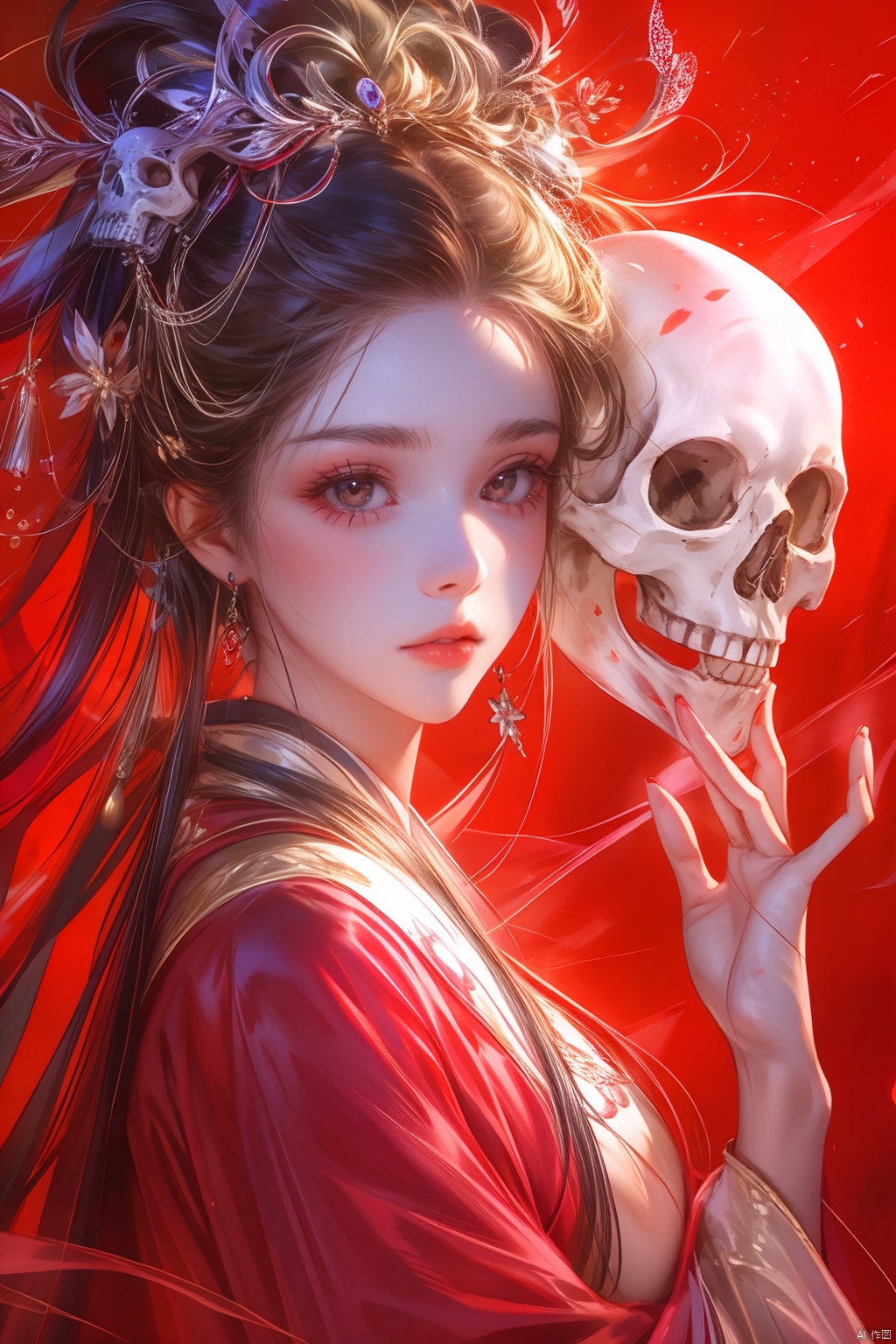 1girl, solo, long hair, looking at viewer, brown hair, black hair, hair ornament, red eyes, long sleeves, holding, jewelry, closed mouth, upper body, earrings, hand up, from side, looking to the side, makeup, mask, chinese clothes, red background, skull, red lips, hair stick, red theme, holding mask, holding skull