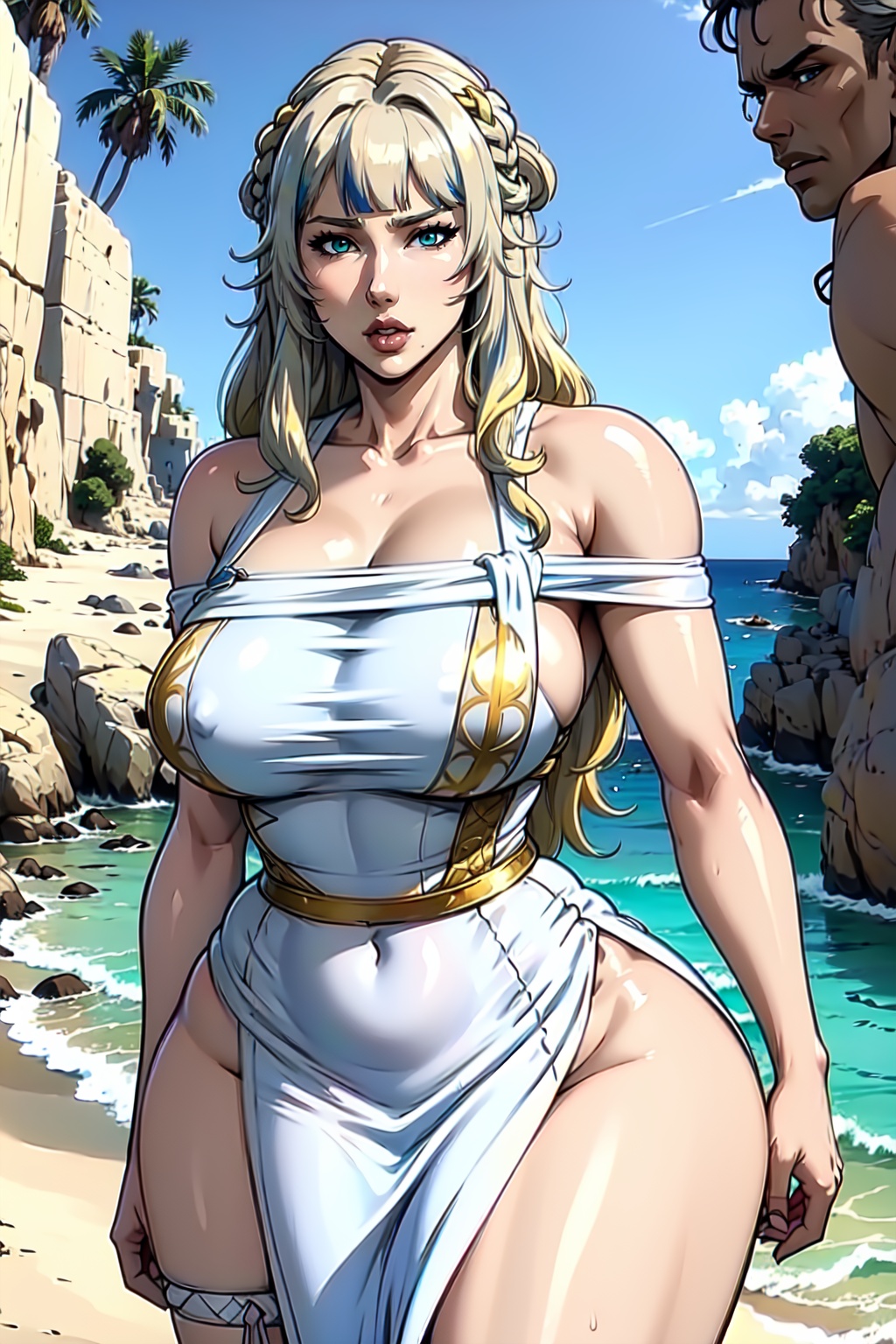 A sexy warrior woman in sexy traditional tribal white blue beige dress stands on the Cala Saladeta,  Ibiza.,  Aoi Oohara o...