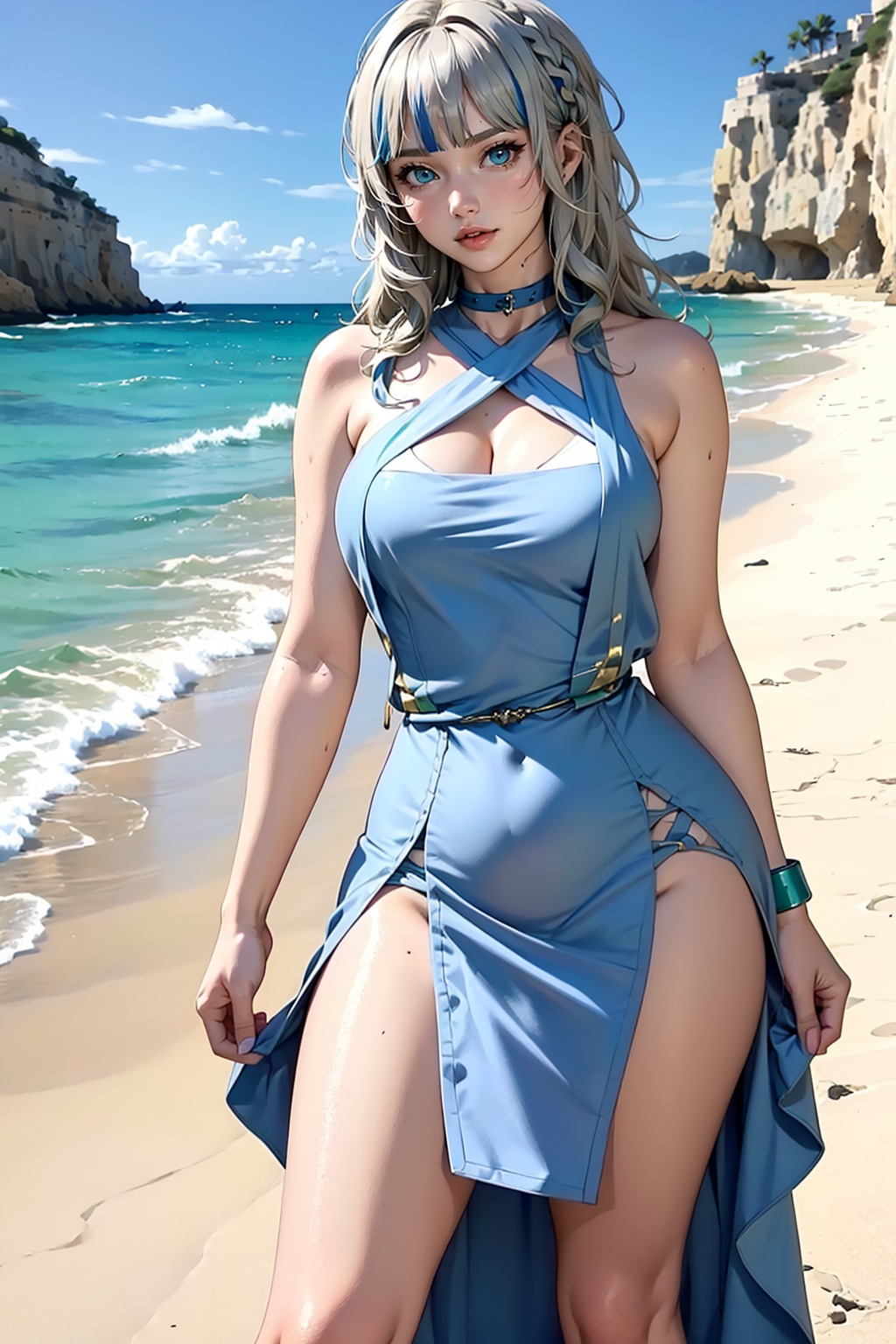 A sexy warrior woman in sexy traditional tribal white blue beige dress stands on the Cala Saladeta,  Ibiza.,  Aoi Oohara o...