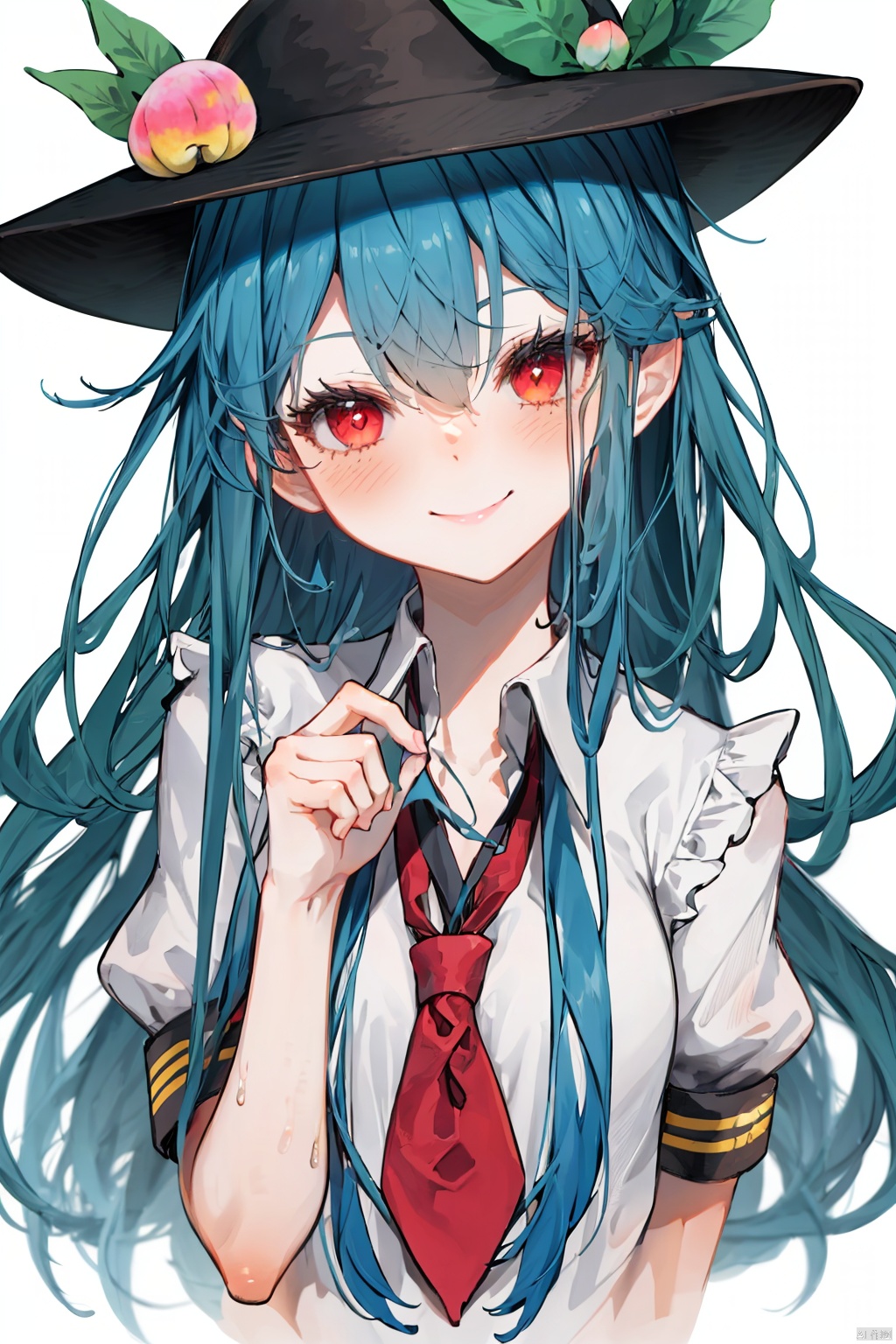  1girl, solo, long hair, looking at viewer, blush, smile, bangs, simple background, shirt, red eyes, hat, white background, hair between eyes, closed mouth, blue hair, white shirt, upper body, short sleeves, frills, food, necktie, collared shirt, v-shaped eyebrows, v, black headwear, buttons, fruit, leaf, red necktie, double v, peach, hinanawi tenshi, backlight