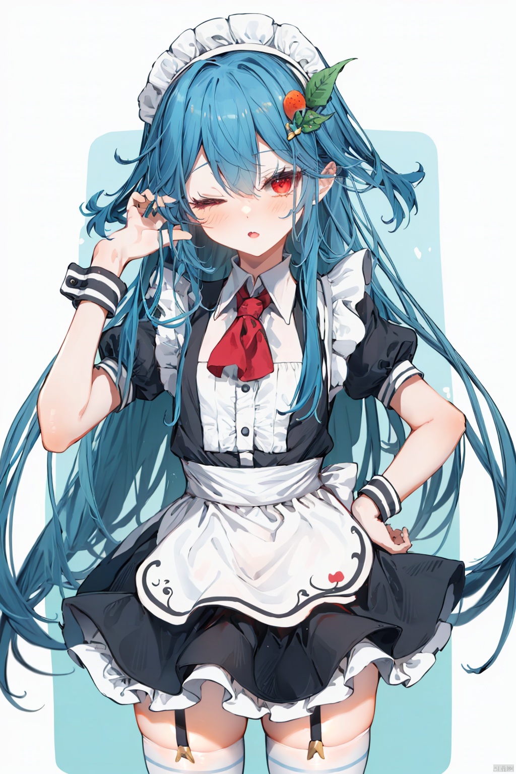 1girl, solo, long hair, looking at viewer, blush, bangs, shirt, hair ornament, red eyes, thighhighs, dress, holding, hair between eyes, very long hair, blue hair, standing, white shirt, short sleeves, sidelocks, cowboy shot, frills, one eye closed, food, alternate costume, puffy sleeves, apron, black dress, white thighhighs, puffy short sleeves, hand on hip, wrist cuffs, maid, maid headdress, ascot, fruit, leaf, garter straps, wing collar, waist apron, white apron, enmaided, petticoat, food-themed hair ornament, red ascot, hinanawi tenshi