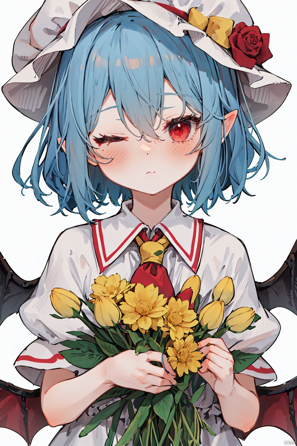 1girl, solo, looking at viewer, short hair, bangs, simple background, red eyes, hat, white background, dress, ribbon, hair between eyes, closed mouth, upper body, flower, frills, one eye closed, wings, white dress, red ribbon, ascot, capelet, rose, white headwear, mob cap, hat ribbon, bat wings, white flower, hat flower, red ascot, white capelet, white ascot, remilia scarlet
