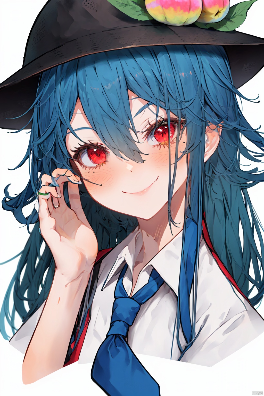 1girl, solo, long hair, looking at viewer, blush, smile, bangs, simple background, shirt, red eyes, hat, white background, hair between eyes, closed mouth, blue hair, white shirt, upper body, short sleeves, frills, food, necktie, collared shirt, v-shaped eyebrows, v, black headwear, buttons, fruit, leaf, red necktie, double v, peach, hinanawi tenshi