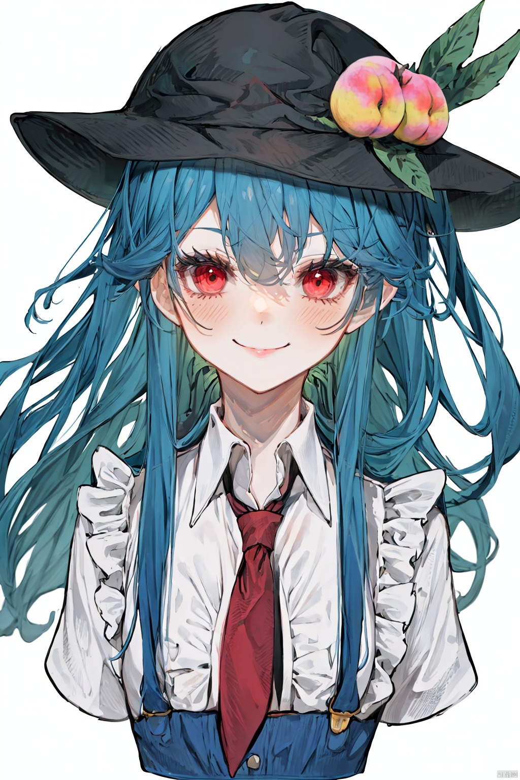  1girl, solo, long hair, looking at viewer, blush, smile, bangs, simple background, shirt, red eyes, hat, white background, hair between eyes, closed mouth, blue hair, white shirt, upper body, short sleeves, frills, food, necktie, collared shirt, v-shaped eyebrows, v, black headwear, buttons, fruit, leaf, red necktie, double v, peach, hinanawi tenshi, backlight