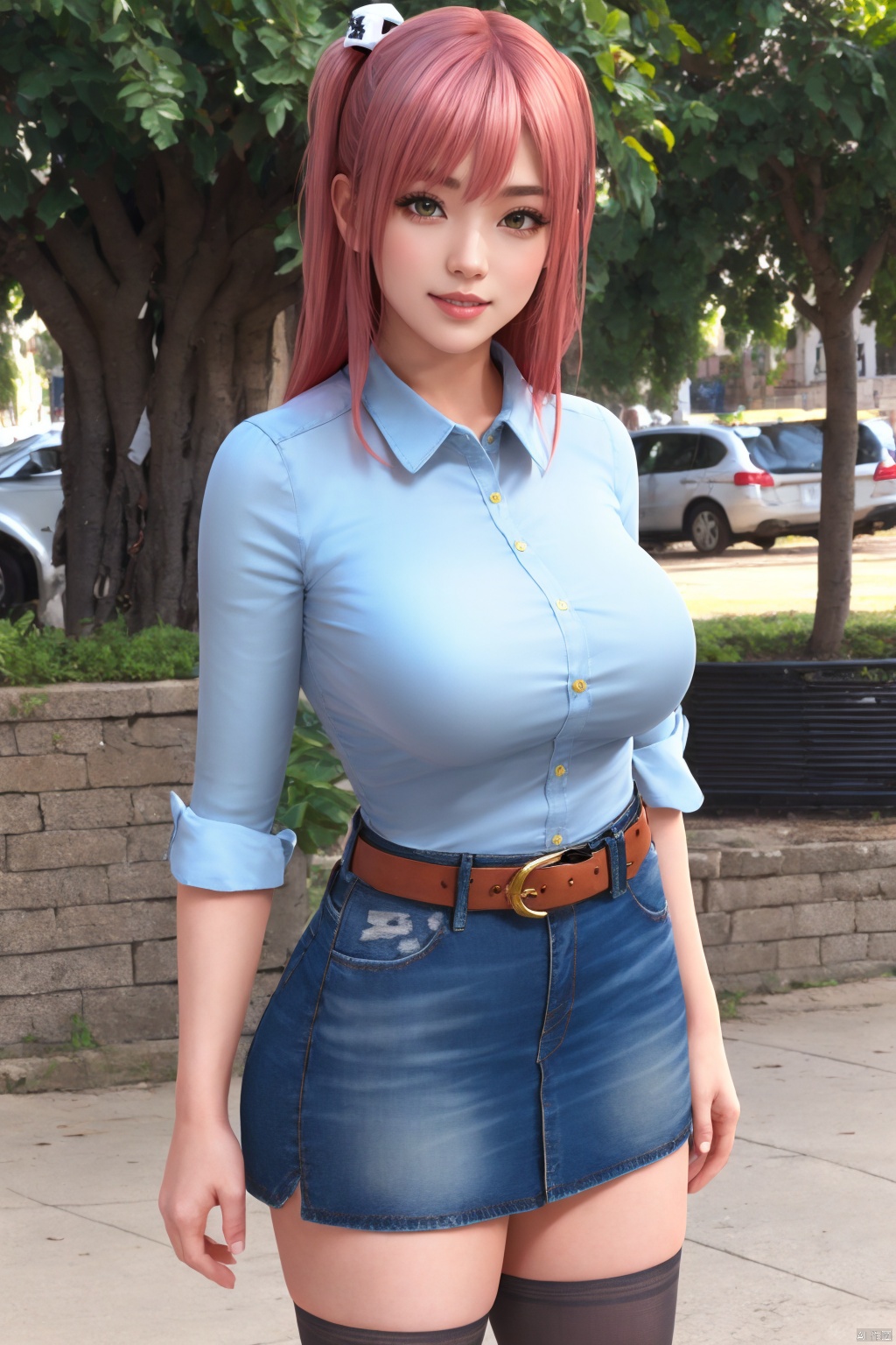 1girl, denim skirt, breasts, solo, thighhighs, large breasts, skirt, pink hair, denim, looking at viewer, belt, photo background, one side up, hair ornament, cosplay, smile, realistic, shirt, long hair, honoka