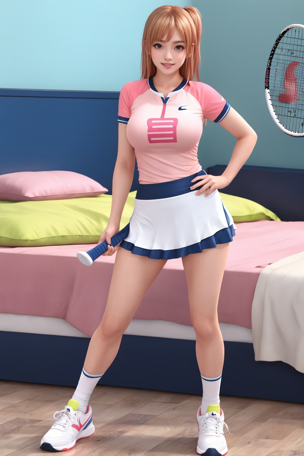 racket, 1girl, solo, tennis racket, blonde hair, smile, skirt, tennis uniform, indoors, hand on hip, drill hair, shoes, shirt, long hair, sportswear, looking at viewer, full body, standing, pink shirt, bed, holding, white footwear, white skirt, short sleeves, sneakers, grin, tennis ball, socks, bedroom, breasts, wangqiufu, honoka